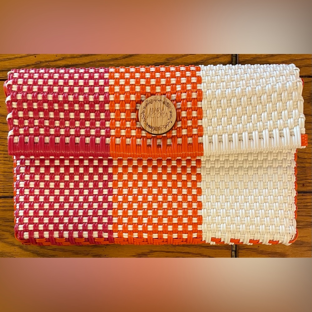 EUC Maria Victoria Clutch, snap closure, red/orange and white color